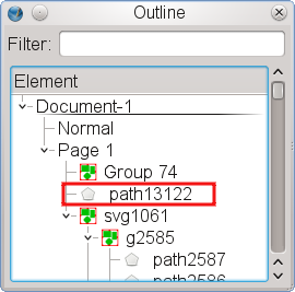 "The item “path13122” has been detached from the group “svg1061”, an imported SVG file."